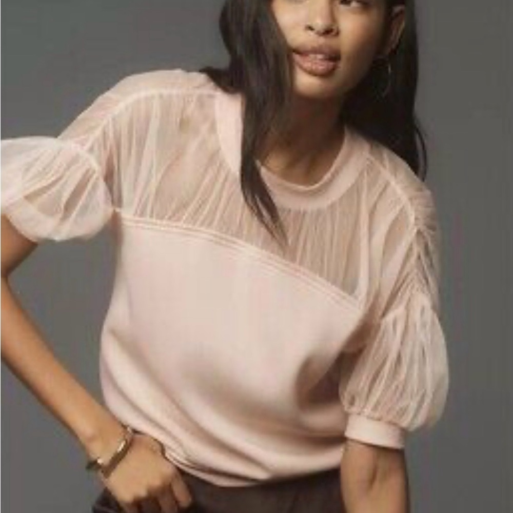 Anthropologie NWT Maeve Short Sleeve‎ Sheer Inset Knit Top Size Small